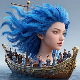 rhythm of the wind, beauty portrait, azure. detailed hair, fractal feathers, ornate, boat, intricate environment, fantasy art by ilya kuvshinov, peter mohrbacher, greg rutkowski, ross tran, craig mullins, thomas kinkade, victo ngai. unreal engine 5 highly rendered, blender, octane, ray tracing. sharp focus, post processing