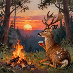 A deer sitting next to a campfire in the forest. The deer is holding a cup of tea, watching the sunset, highly detailed painting