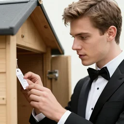 closeup photo of young Terry Jones wearing a tuxedo, examining the price tag on a new shed