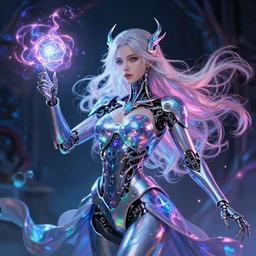 hyperdetailed cyborg sorceress, casting vividly phosphorescent spells, arcane, volumetric lighting, magic realism, by rutkowski,
