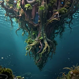 a forest that grows upside down entirely underwater. Intricate. Very detailed 8k. Fantasy horror. Sharp. Cinematic post-processing. Unreal engine. Nanite. Ray tracing. Parallax. Tessellation