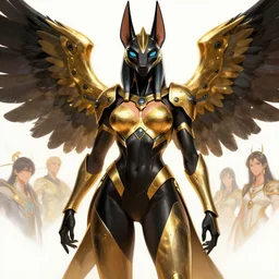 female anubis wearing black and gold cybertech armor with wings, buxom, wide hips, character art by stanley artgerm lau, wlop, rossdraws, james jean, andrei riabovitchev, marc simonetti, and sakimichan, trending on artstation