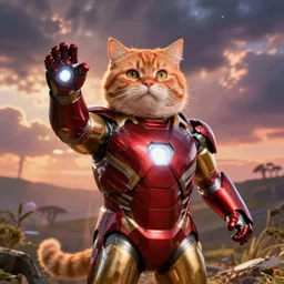 fat orange cat in iron man suit, robert downey jr, avengers endgame, landscape, infinity gauntlet, snap, dramatic lighting, film still