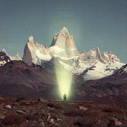 vintage color photo of mysterious light being floating over Cordillera De Los Andes, 8k definition