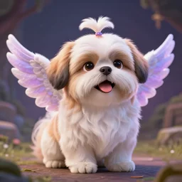 A Creature with Wings like a Shih Tzu, furry, fluffy, happy, cute, Arcane Magic