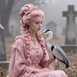 cinestill 5 0 d portrait of a dreamy woman by liebovitz, sitting in a ancient misty cemetery, holding an heron, pale pink tonal matt, hair intricate style, wearing intricate ancient lace, elegant, highly detailed, soft blur, artstation, sharp focus, head in focus,