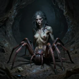 creepy matte painting of a female spider centaur sitting in a dark cave, ultra detailed, monster, half human half spider, human torso, spider abdomen, creature design, dnd, d & d, concept art, 8 k, moody lighting, muted colors, blue tone light, dramatic lighting, realistically proportioned torso, realistically proportioned face