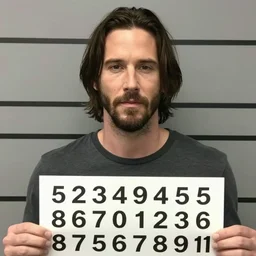 a photo portrait photo of keanu reeves mugshot after being arrested, holding a sign with random numbers, 8 k resolution, photorealistic