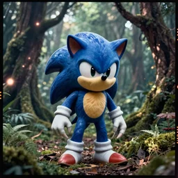 ektachrome medium format provia film still of a sonic the hedgehog blue forest creature with fangs and claws, faded, anomorphic lens flare, creepypasta