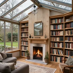beautiful cozy home library in a glass conservatory, fireplace, winter outside, garden, interior design