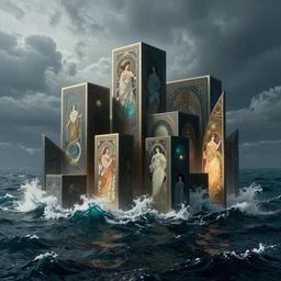 parting the sea, full shot, photo, geometries, elegant, Fibonacci, volumetric lighting, epic composition, intricate details, dark neon punk, by denis villeneuve , Greg Rutkowski and Alphonse Mucha