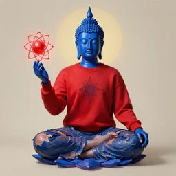ripped physique spirit lotus pose chakra telekinesis crown cobalt artificer Buddha wearing vermillion sweatshirt brandishes a red atomic orb meditation brad rigney kent monkman victor brauner jen bartel jim lambie greg rutkowski rothko tombow