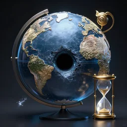 a black hole, inside a globe, mirrors, hourglass, ouroboros