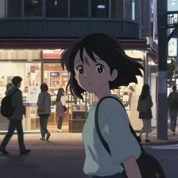 anime visual, portrait of a young female sightseeing in shibuya exterior at night shopping, in front of shop, low light, cute face by ilya kuvshinov, yoh yoshinari, makoto shinkai, dynamic pose, dynamic perspective, cel shaded, flat shading mucha, rounded eyes, moody, detailed facial features, speed grapher