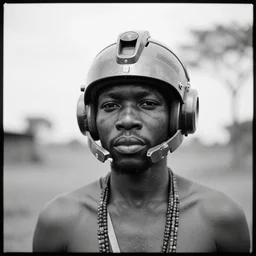 an analogue photo of an Tribal Igbo man wearing a futuristic mecha head gear, national geographic, black & white, 35mm, f/1.4,
