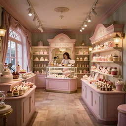 Inside an old fashioned sweet shop, fantasy vendor interior, wide angle, cinematic, highly detailed, cinematic lighting , photorealistic, pastel colors