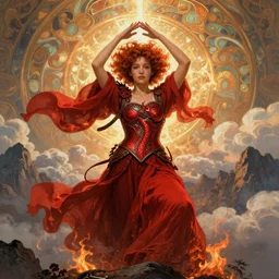 a fire mage posing with hands above head, ginger afro with freckles inspired by annie, beautiful face, wearing red dragon armor corset and long flowing red robes blowing in the wind inspired by alphonse mucha, standing on top of a mountain, epic clouds and godlike lighting, intricate illustration and highly detailed digital painting. inspired by artgerm.