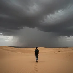 a lonely man walking into a desert storm