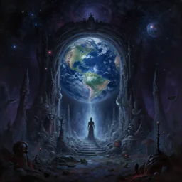 a beautiful excellent mysterious wondrous dramatic digital painting concept art titled'in the night sky above the earth, a portal opens to eldritch lovecraftian cosmic horror'