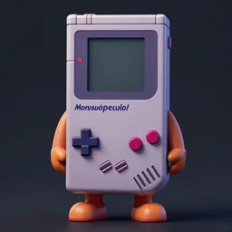 Concept art for a retro gameboy character with a face, arms and legs. dark background, highly detailed digital art, made with photoshop, trending on Artstation.