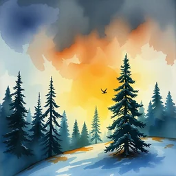 small centered on watercolor paper, paint brush strokes, abstract watercolor painting of ragnarok at nightfall, american wild west, winter, pine trees, viking mythology, cinematic light, american romanticism by hans dahl, by jesper ejsing, by anders zorn, by greg rutkowski, by greg manchess, by tyler edlin