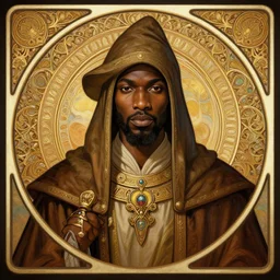 head-on symmetrical centered painted portrait, Ghana Ali as a D&D wizard, art nouveau, medieval robes, fantasy, intricate, elegant, highly detailed, smooth, sharp focus, illustration, artstation, in the style of Artgerm and Anna Podedworna and Alex Ross and Mucha