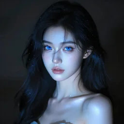 beautiful ghost girl, black hair, blue eyes, glowing skin, photorealistic