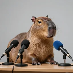 a capybara giving a press conference on a table with microphones, high quality, sigma 85mm, 4k