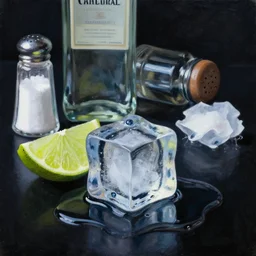 award winning ultra - realistic!!! oil painting of an ice cube starting to melt in the forefront. it's surrounded by a lime wedge!!!! an empty bottle of tequila and fallen salt shaker. black!!! background