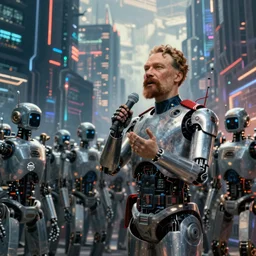 robot revolutionary speaking to a crowd of robots amid the backdrop of a cyberpunk city!!!!!!!!!!!!!!!!!!!!!!!!!!!!!!!!!!!!!!!!!!!!!!!! in the socialist realist style of lenin speaking to the red army by isaac brodsky