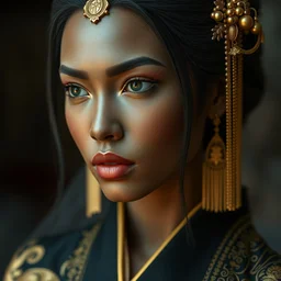 dreamlike luxury stunning zodiac african goddess portrait, pale black and gold kimono, art by artgerm, wlop, loish, ilya kuvshinov, 8 k realistic, hyperdetailed, beautiful lighting, detailed background, depth of field, symmetrical face, frostbite 3 engine, cryengine,