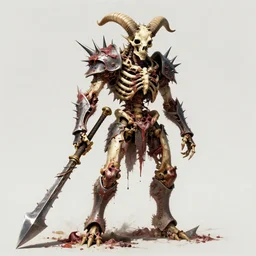 A spiky horned skeleton with armored joints stands with a huge two-handed weapon. Extremely high detail, realistic, fantasy art, solo, bones, masterpiece, saturated colors, tangled, ripped flesh, art by Zdzisław Beksiński, Arthur Rackham, Dariusz Zawadzki