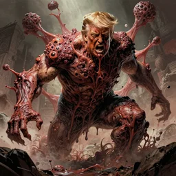 donald trump's disgusting true form bursting from within, gross, slimy, sleazy, pustules, high details, intricate details, by mike mignola