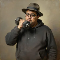 obese sad indian nerdy guy with glasses wearing a hoodie and a fedora and eating a dumbell, painting by gustave courbet