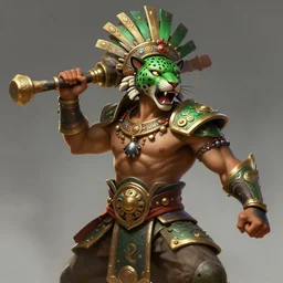 a highly detailed illustration of fierce young aztec warrior boy wearing green jaguar mane, heroic roaring wielding aztec macuahuitl pose, muscular, intricate, elegant, highly detailed, centered, digital painting, artstation, concept art, smooth, sharp focus, league of legends concept art, wlop