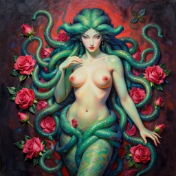 a beautiful painting lovely 3 d coquettish medusa, roses by ukiyo - e award - winning art, andy warhol color, dramatic light, octane render