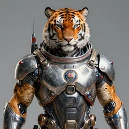 a portrait of a muscular anthropomorphic cyberpunk tiger in spacesuit armor with ensignia on chest plate by sandra chevrier, by jon foster, detailed render, post - processing, extremely hyperdetailed, intricate, epic composition, cybernetics, 4 k realistic, cryengine, realistic shaded lighting, sharp focus, masterpiece, by enki bilal