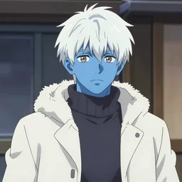 man with blue skin, white hair and winter clothes in the style of anime, trending in artstation