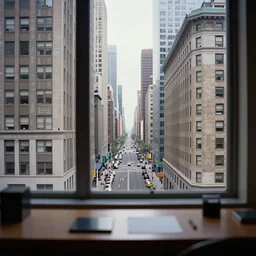 award winning photo of a street in new york, view from a skyscraper's window through a desk, by saul leiter, color photography, wide view, high aperture, ultra detailed, beautiful, real, extremely precise, elegant