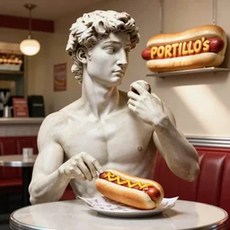 the statue david from michelangelo eating a hotdog, sitting on a restaurant table in portillo's hotdogs restaurant