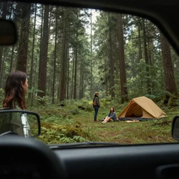 looking out a car dash window to see two women camping, elegant scene, low angle, wide angle, indian forest, wide angle, cinematic, ultrarealistic, trending on artstation, cgsociety, highly detailed, color graded, rendered in unreal engine 4 k hq, matte painting, by simon stalenhag and hudson river school, horizon forbidden west