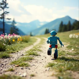 kodak portra 4 0 0, wetplate, muted colours, blueberry, action photography, 1 9 2 0 s, long shot, macro photo of a colourful high tech tin toy robot running very fast across a trampled path near by beautiful flower meadow in the bavarian alps, mountain panorama, motion blur, tiny gaussian blur, depth of field