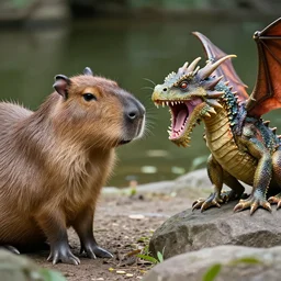 two animals : a capybara and a dragon, a dragon growls at a capybara, many details, high quality, 8 k