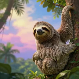 a beautiful sloth in the jungle : : dreamy sky : : very colorful painting 8 k trending on art station : : intricate details, very realistic, cinematic lighting, volumetric lighting, photographic blur bokeh defocus dof sky