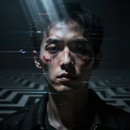 dark expressive portrait of the digitally glitched soul, dramatic lighting, lonely, god rays, edges, universal background, facial expression, chiaroscuro, gritty, scars, atmospheric lighting, motion design, by Beksinski, maze, sharp focus, deviantart, irridescent, intense knowledge, masterpiece, paradox