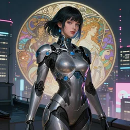 portrait futuristic Cyber warrior Girl, in future cyberpunk tokyo rooftop , ssci-fi, fantasy, intricate, very very beautiful, elegant, neon light, highly detailed, digital painting, artstation, concept art, smooth, sharp focus, illustration, art by alphonse mucha and tian zi and WLOP
