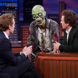 photo of a zombie being interviewed on a late night talk show