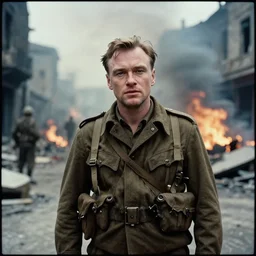 an analog color portrait photograph of a ww 2 soldier in a bombed city street. in the background there is smoke and fire. christopher nolan style. cinematic!! shot. film frame. cinematography. detailed. hq. in - frame. imax. anamorphic!! film. anamorphic bokeh!!!. kodak. helios 4 4 m.