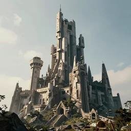 scifi brutalist castle standing on a hill, tall castle with wild geometric towers, photography