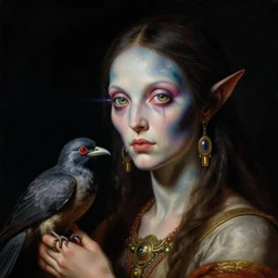 a baroque close - up portrait of a cosmic fantasy alien cyborg shaman goddess wearing facepaint and a colorful laser eyes, holding a bird. black background. studio lighting, big eyes. highly detailed science fiction fantasy painting by norman rockwell, moebius, frank frazetta, syd mead, and sandro botticelli. high contrast. renaissance masterpiece. artstation.